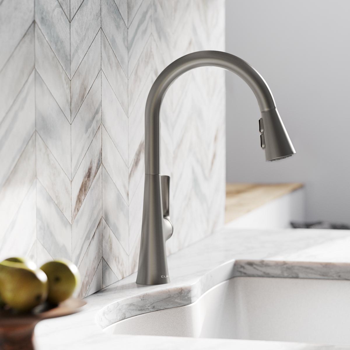 Elkay Harmony Forward Only Lever Handle Pull-down Spray Spout Brass ADA Kitchen Faucet, Lustrous Steel, LKHA1041LS