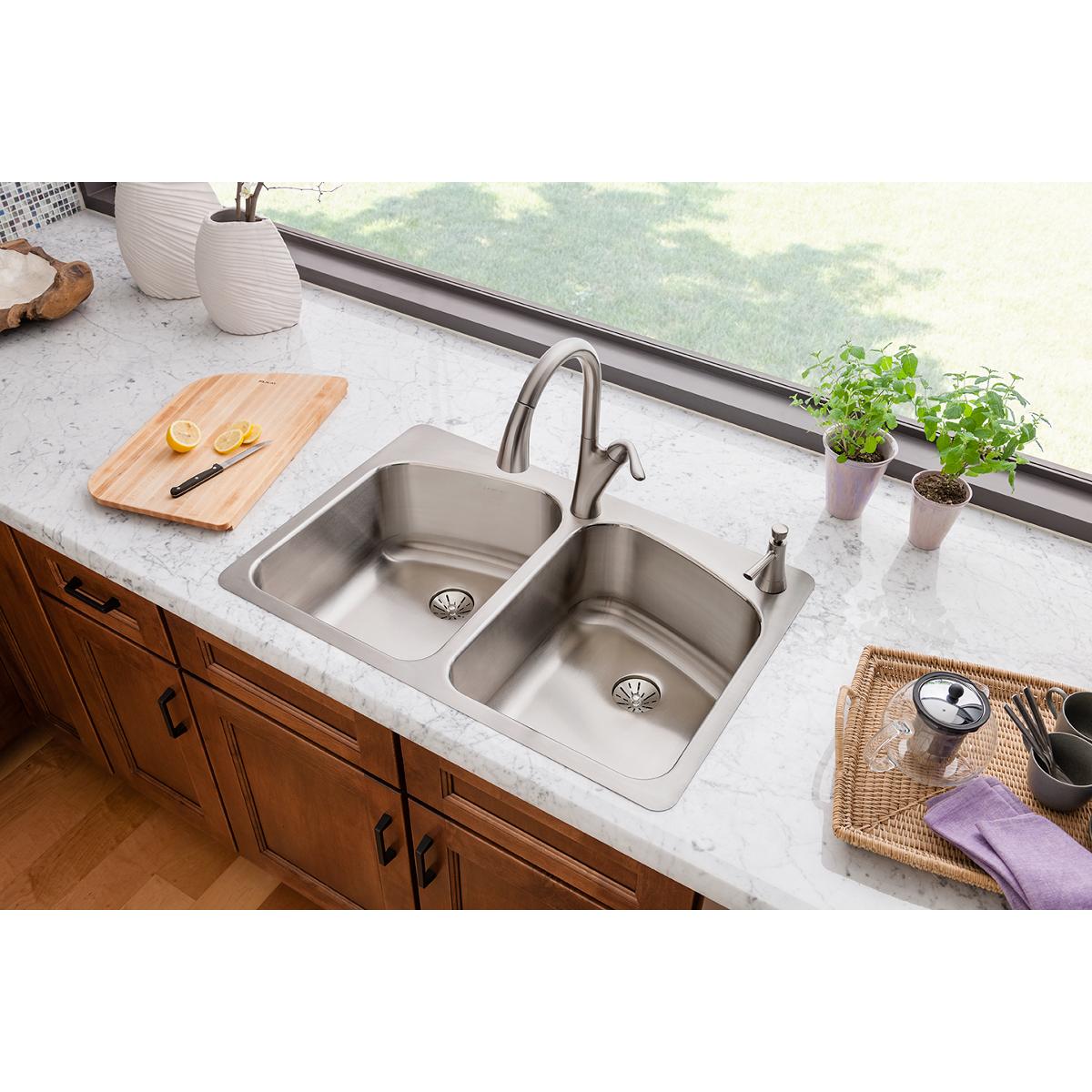 Elkay Lustertone Classic 33" Dual Mount Stainless Steel Kitchen Sink, 50/50 Double Bowl, Lustrous Satin, No Faucet Hole, Perfect Drain, LKHSR33229PD0