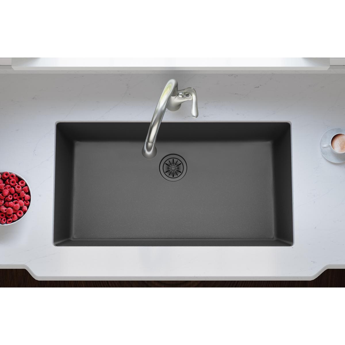 Alternate Image for Elkay Quartz Perfect Drain 3-1/2" Polymer Disposer Flange with Removable Basket Strainer and Rubber Stopper Charcoal, LKPDQD1CH