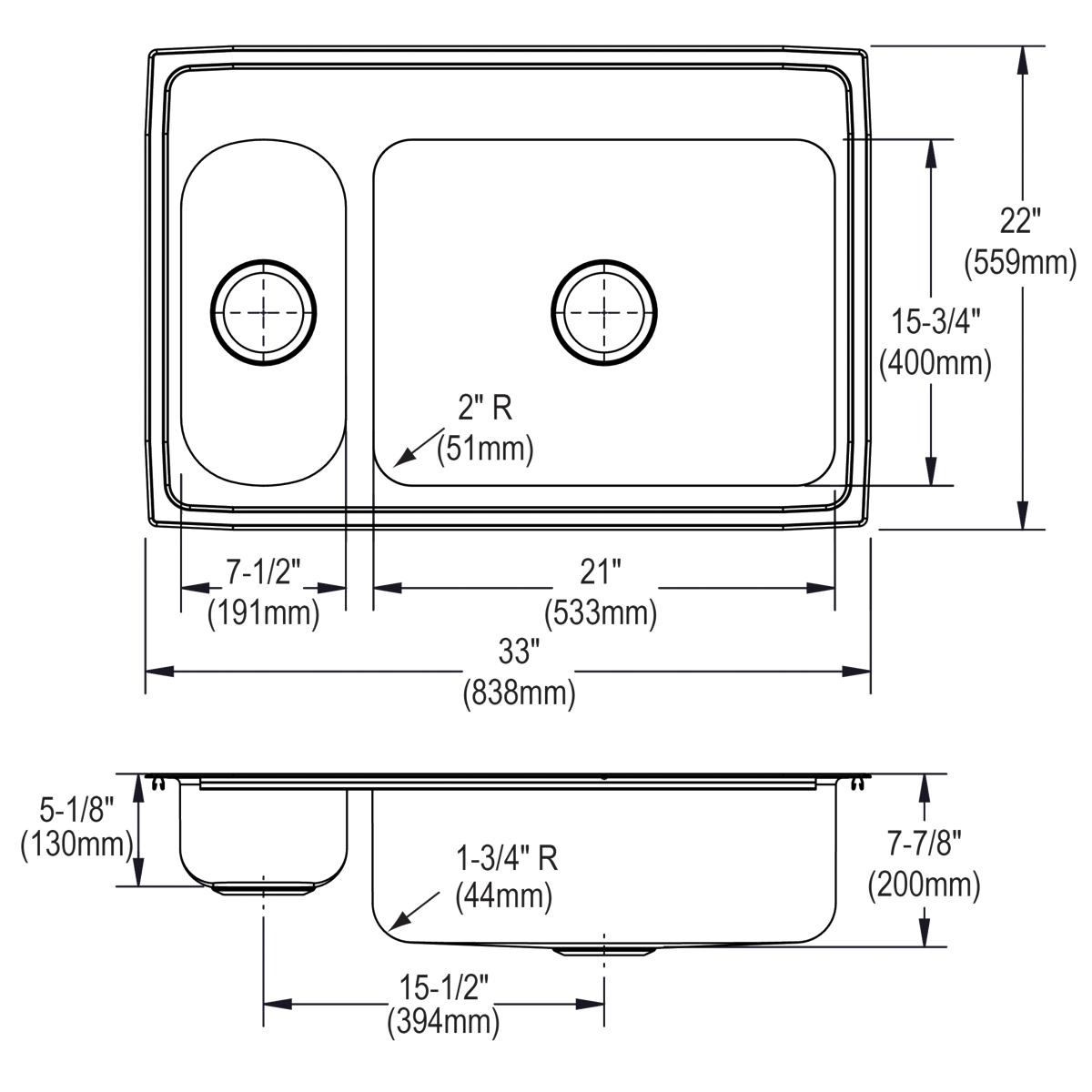 Alternate Image for Elkay Lustertone Classic 33" Drop In/Topmount Stainless Steel Kitchen Sink, 30/70 Double Bowl, Lustrous Satin, MR2 Faucet Holes, LMR3322MR2