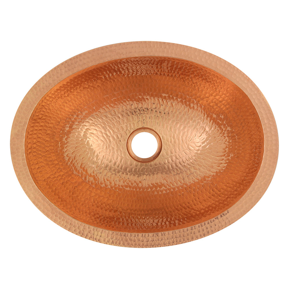 Alternate Image for Premier Copper Products 17" Oval Under Counter Hammered Copper Bathroom Sink in Polished Copper, Matching Drain and Accessories, BSP5_LO17FPC-P