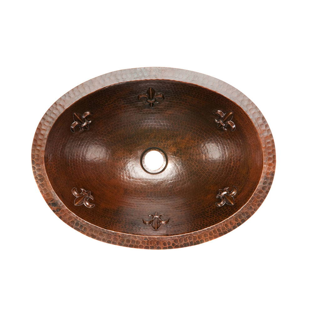 Alternate Image for Premier Copper Products 19" Oval Fleur De Lis Under Counter Hammered Copper Bathroom Sink, Matching Drain and Accessories, Oil Rubbed Bronze, BSP5_LO19FFLDB-P