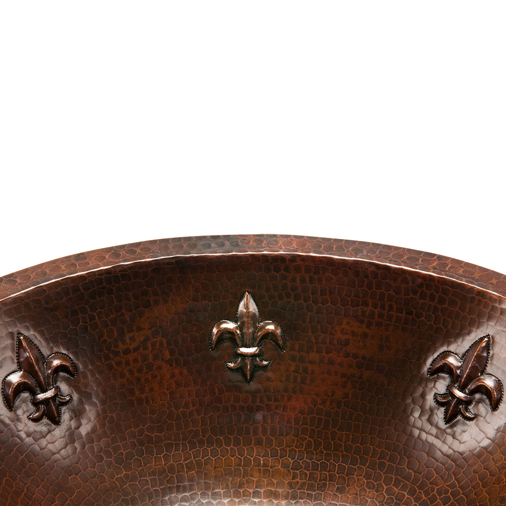 Alternate Image for Premier Copper Products 19" Oval Fleur De Lis Under Counter Hammered Copper Bathroom Sink, Matching Drain and Accessories, Oil Rubbed Bronze, BSP5_LO19FFLDB-P