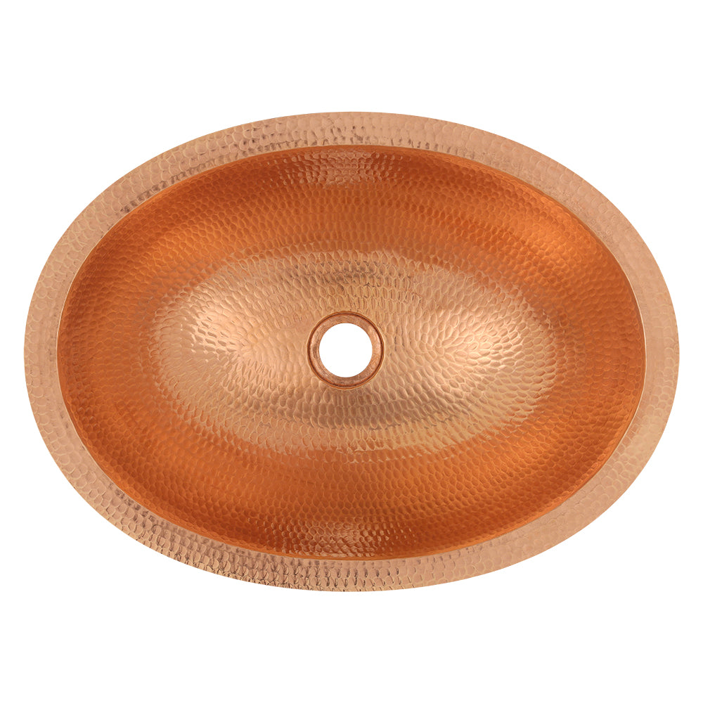 Alternate Image for Premier Copper Products 19" Oval Under Counter Hammered Copper Bathroom Sink in Polished Copper, Matching Drain and Accessories, BSP5_LO19FPC-P