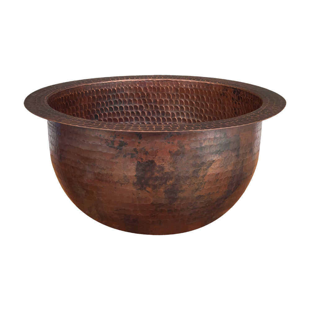 Premier Copper Products 10" Round Under Counter Hammered Copper Bathroom Sink, Matching Drain and Accessories, Oil Rubbed Bronze, BSP5_LR10FDB-P