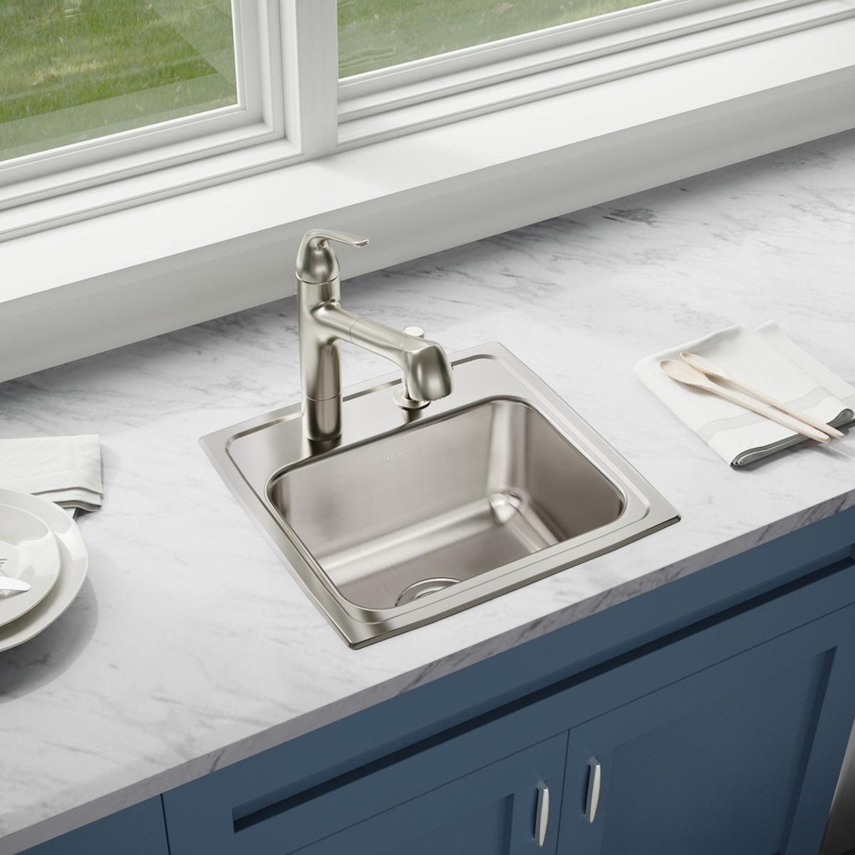 Elkay Lustertone Classic 17" Drop In/Topmount Stainless Steel Kitchen Sink, Lustrous Satin, 2 Faucet Holes, LR17162