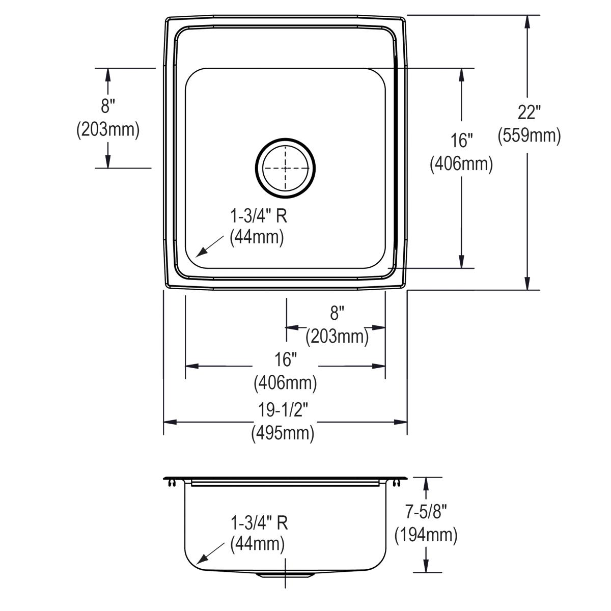 Alternate Image for Elkay Lustertone Classic 20" Drop In/Topmount Stainless Steel Kitchen Sink, 3 Faucet Holes, LRQ20223
