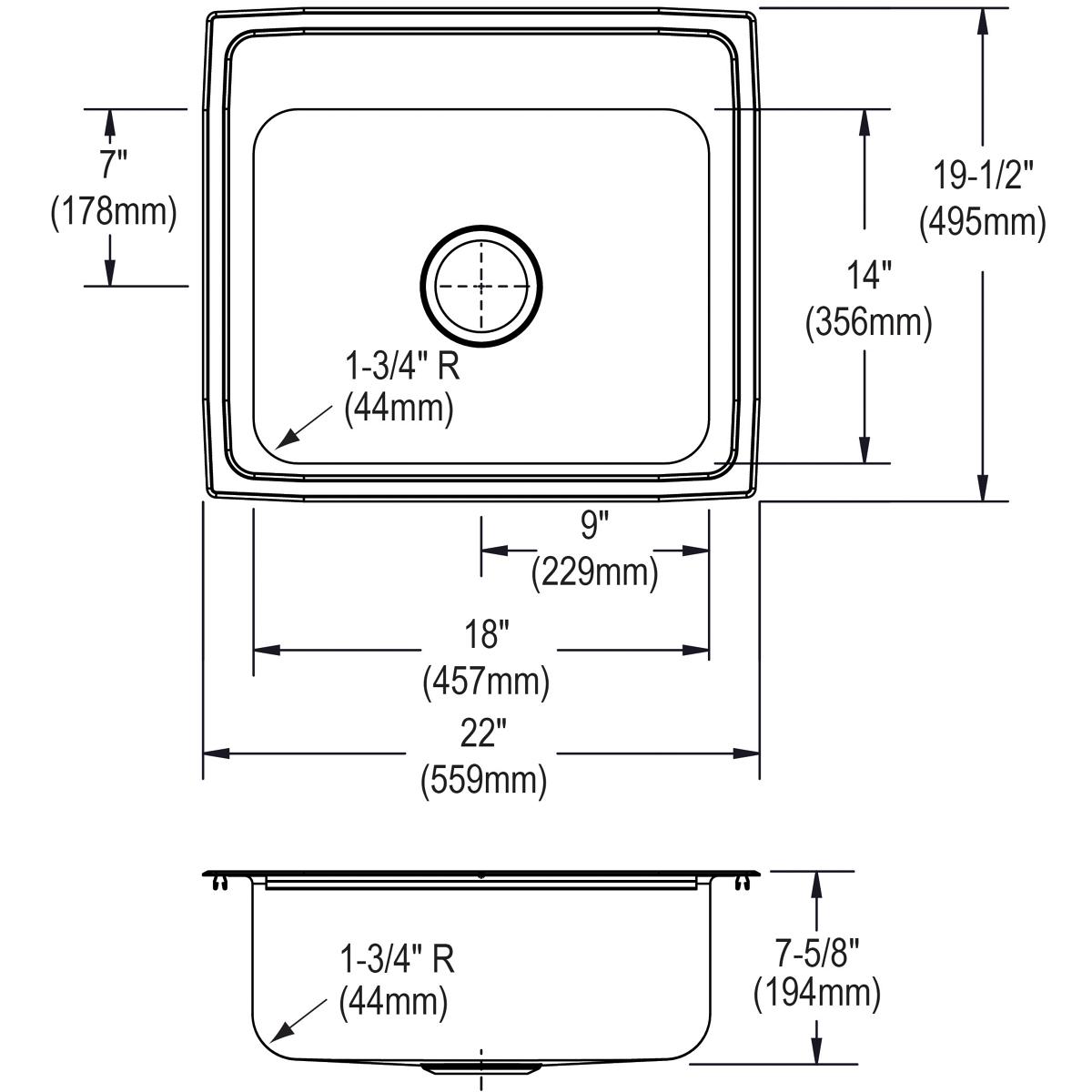 Alternate Image for Elkay Lustertone Classic 22" Drop In/Topmount Stainless Steel Kitchen Sink, 3 Faucet Holes, LRQ22193