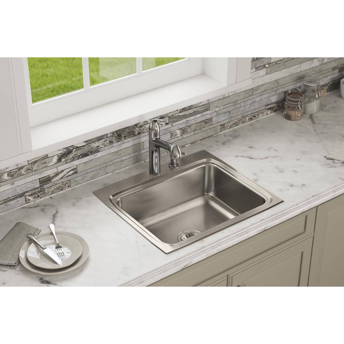 Elkay Lustertone Classic 25" Drop In/Topmount Stainless Steel Kitchen Sink, 3 Faucet Holes, LRQ25223