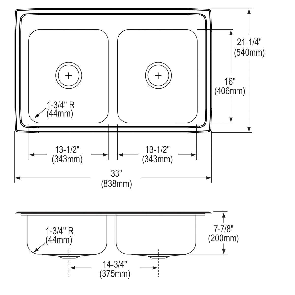 Alternate Image for Elkay Lustertone Classic 33" Drop In/Topmount Stainless Steel Kitchen Sink, 50/50 Double Bowl, 3 Faucet Holes, LRQ33213