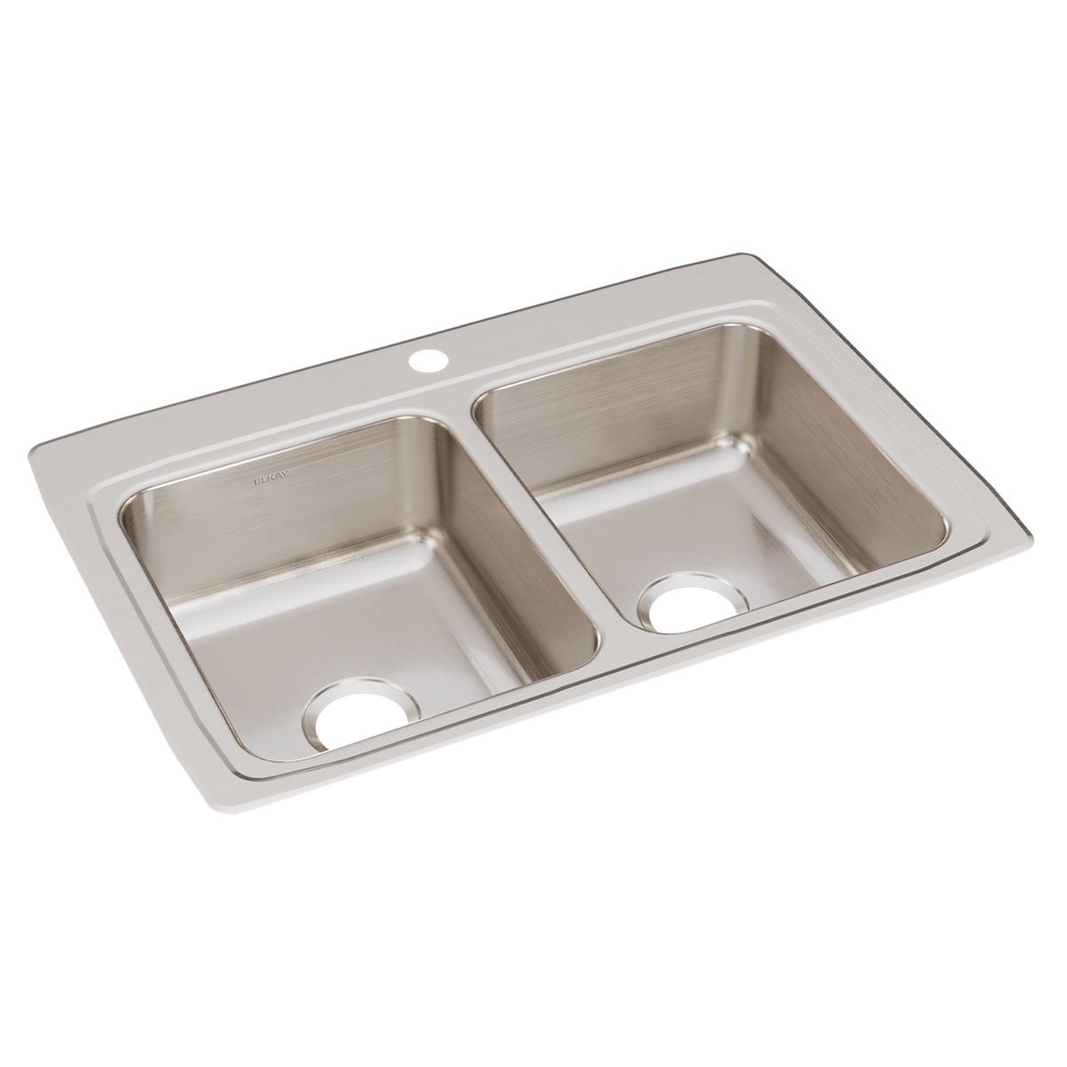 Elkay Lustertone Classic 33" Drop In/Topmount Stainless Steel Kitchen Sink, 50/50 Double Bowl, Lustrous Satin, 1 Faucet Hole, LRQ33221