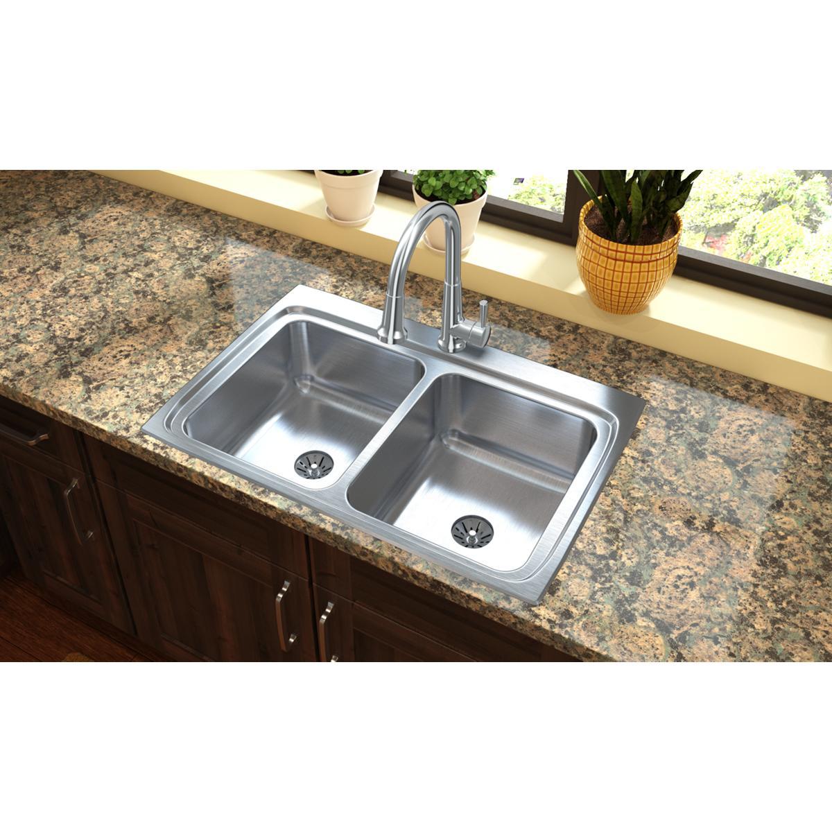Elkay Lustertone Classic 33" Drop In/Topmount Stainless Steel Kitchen Sink, 50/50 Double Bowl, Lustrous Satin, 4 Faucet Holes, Perfect Drain, LR3322PD4