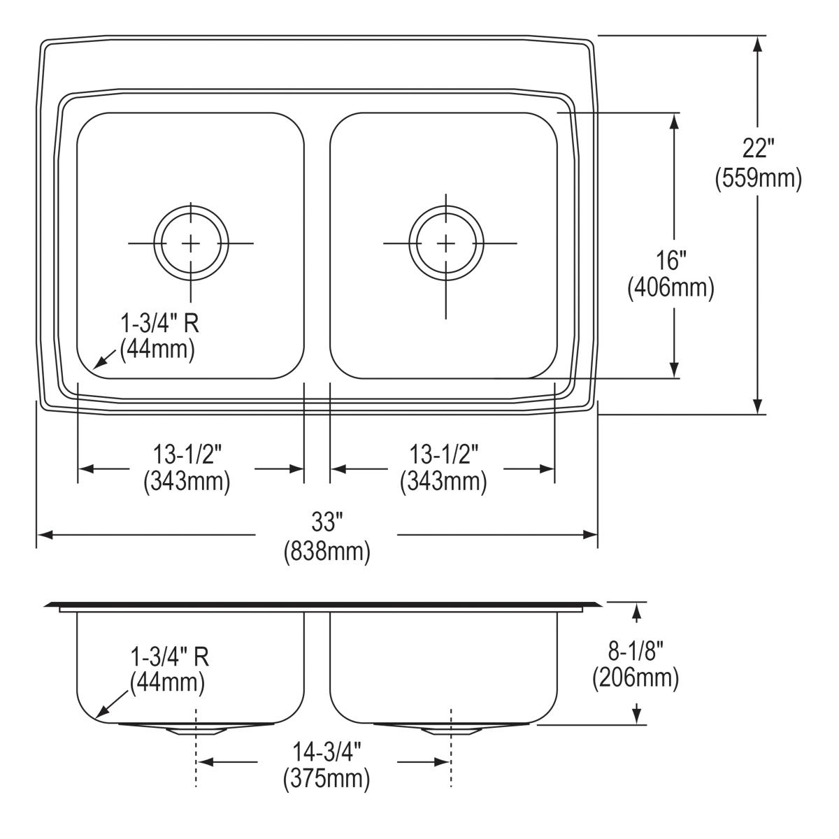 Alternate Image for Elkay Lustertone Classic 33" Drop In/Topmount Stainless Steel Kitchen Sink, 50/50 Double Bowl, Lustrous Satin, 1 Faucet Hole, LRQ33221