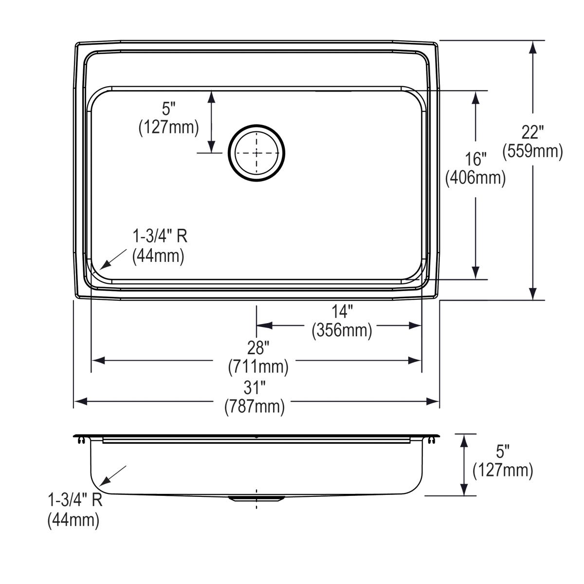 Elkay Lustertone Classic 31" Drop In/Topmount Stainless Steel ADA Kitchen Sink, Lustrous Satin, 1 Faucet Hole, LRADQ3122501