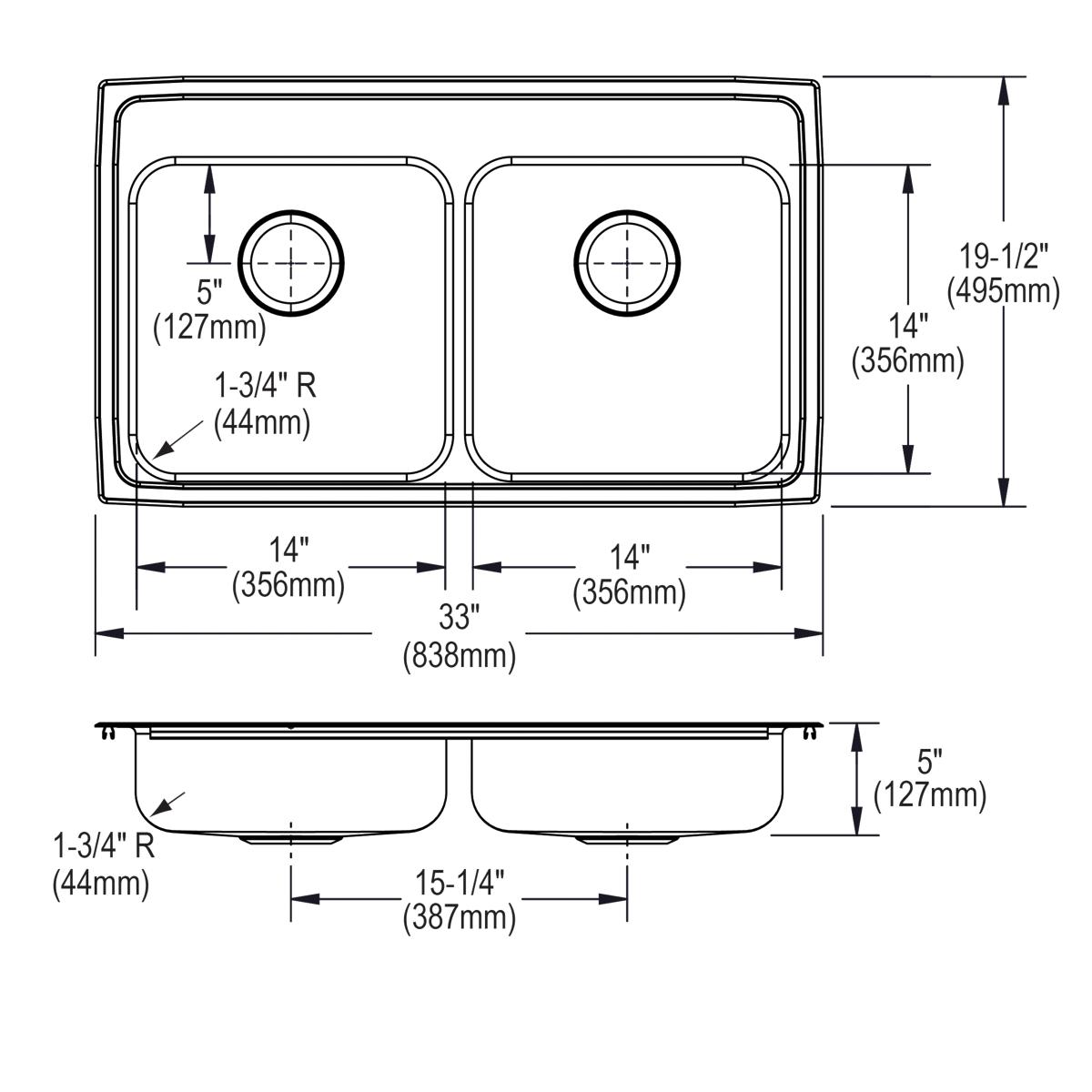 Elkay Lustertone Classic 33" Drop In/Topmount Stainless Steel ADA Kitchen Sink, 50/50 Double Bowl, Lustrous Satin, No Faucet Hole, LRADQ3319500
