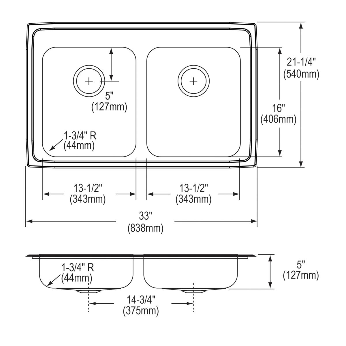 Alternate Image for Elkay Lustertone Classic 33" Drop In/Topmount Stainless Steel ADA Kitchen Sink, 50/50 Double Bowl, Lustrous Satin, 3 Faucet Holes, LRADQ3321503