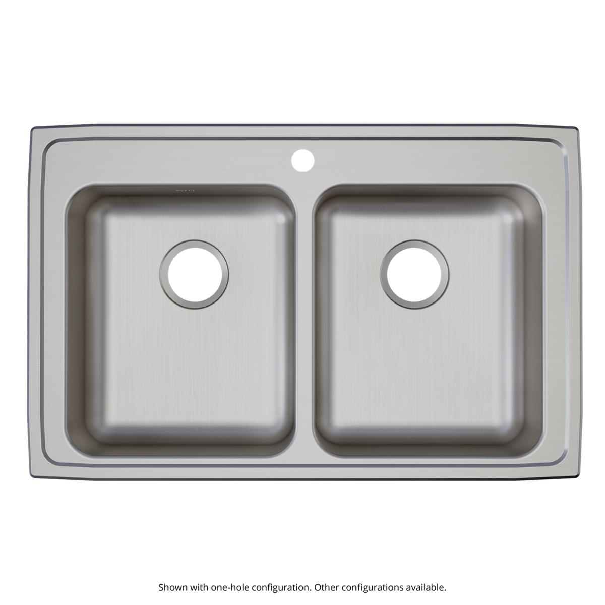 Elkay Lustertone Classic 33" Drop In/Topmount Stainless Steel ADA Kitchen Sink, 50/50 Double Bowl, Lustrous Satin, MR2 Faucet Holes, LRAD332165MR2