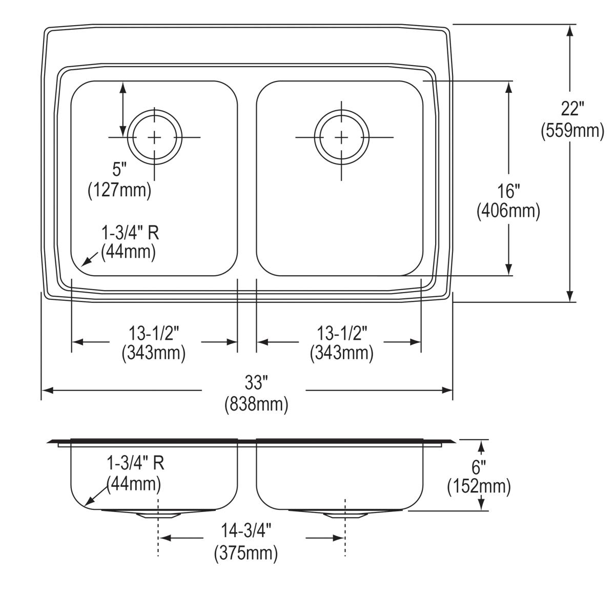 Alternate Image for Elkay Lustertone Classic 33" Drop In/Topmount Stainless Steel ADA Kitchen Sink, 50/50 Double Bowl, Lustrous Satin, No Faucet Hole, LRAD3322600