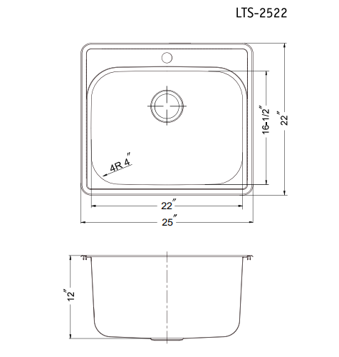 Alternate Image for Houzer Laundry 25 inch Stainless Steel Drop-in Topmount 1-hole Single Bowl Sink with 12 inch Depth - 18 Gauge, LTS-2522-1