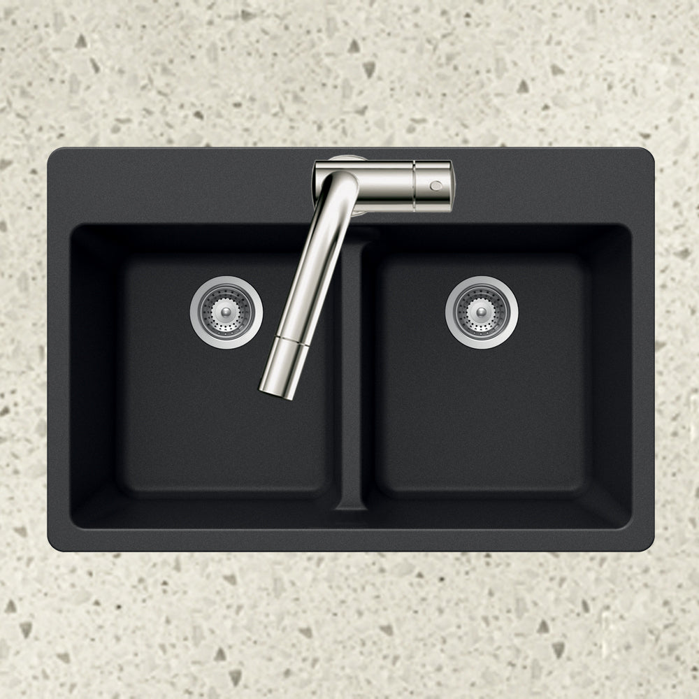Houzer Quartztone 33 inch Midnite Granite Composite Drop-in Topmount 50/50 Double Bowl Kitchen Sink - M-200 MIDNITE