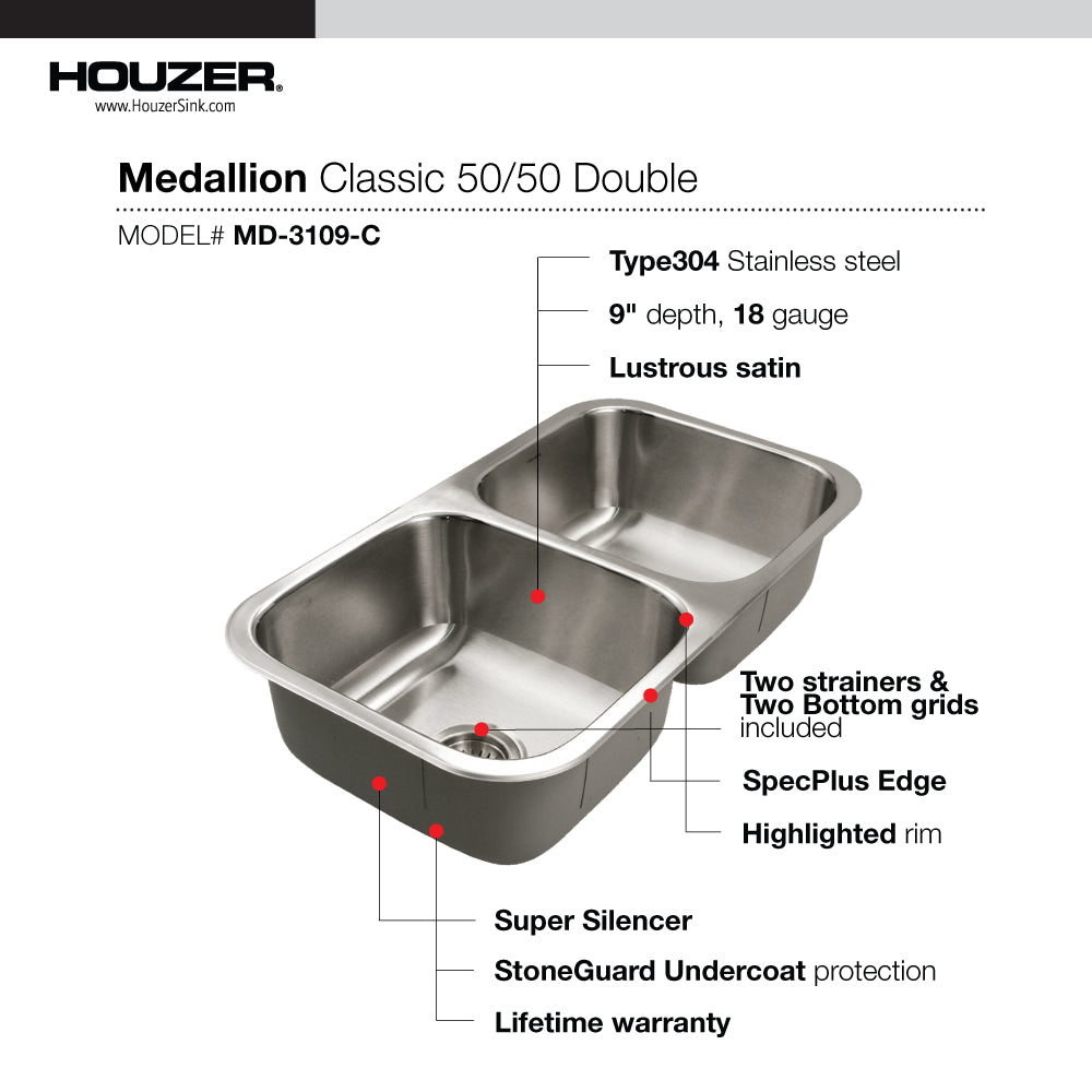 Alternate Image for Houzer Medallion Classic 32" 50/50 Double Bowl Stainless Steel Undermount Kitchen Sink, 18 Gauge, MD-3109-1