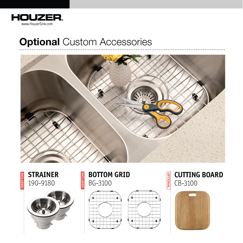 Alternate Image for Houzer Medallion Classic 32" 50/50 Double Bowl Stainless Steel Undermount Kitchen Sink, 18 Gauge, MD-3109-1
