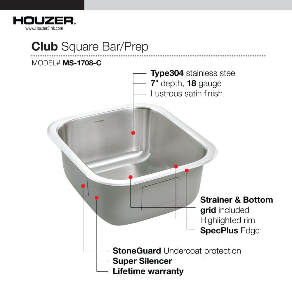 Alternate Image for Houzer Club 17 inch Stainless Steel Undermount Single Bowl 8 inch Deep Bar Sink with Strainer & Grid - 18 Gauge, MS-1708-C