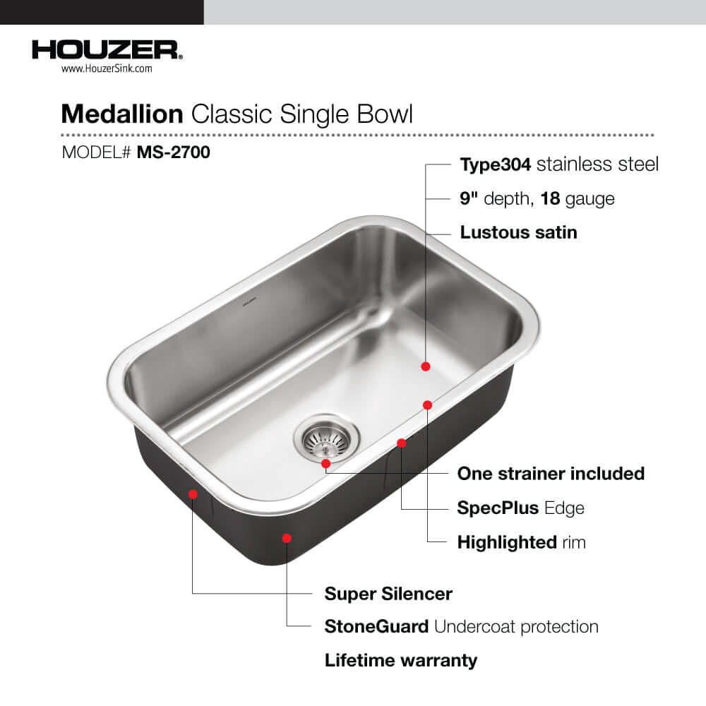 Alternate Image for Houzer Medallion Designer 27 inch Stainless Steel Undermount Single D Bowl Kitchen Sink with Strainer- 18 Gauge, MS-2700-1