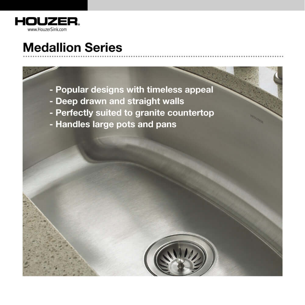 Alternate Image for Houzer Medallion Designer 27 inch Stainless Steel Undermount Single D Bowl Kitchen Sink with Strainer- 18 Gauge, MS-2700-1
