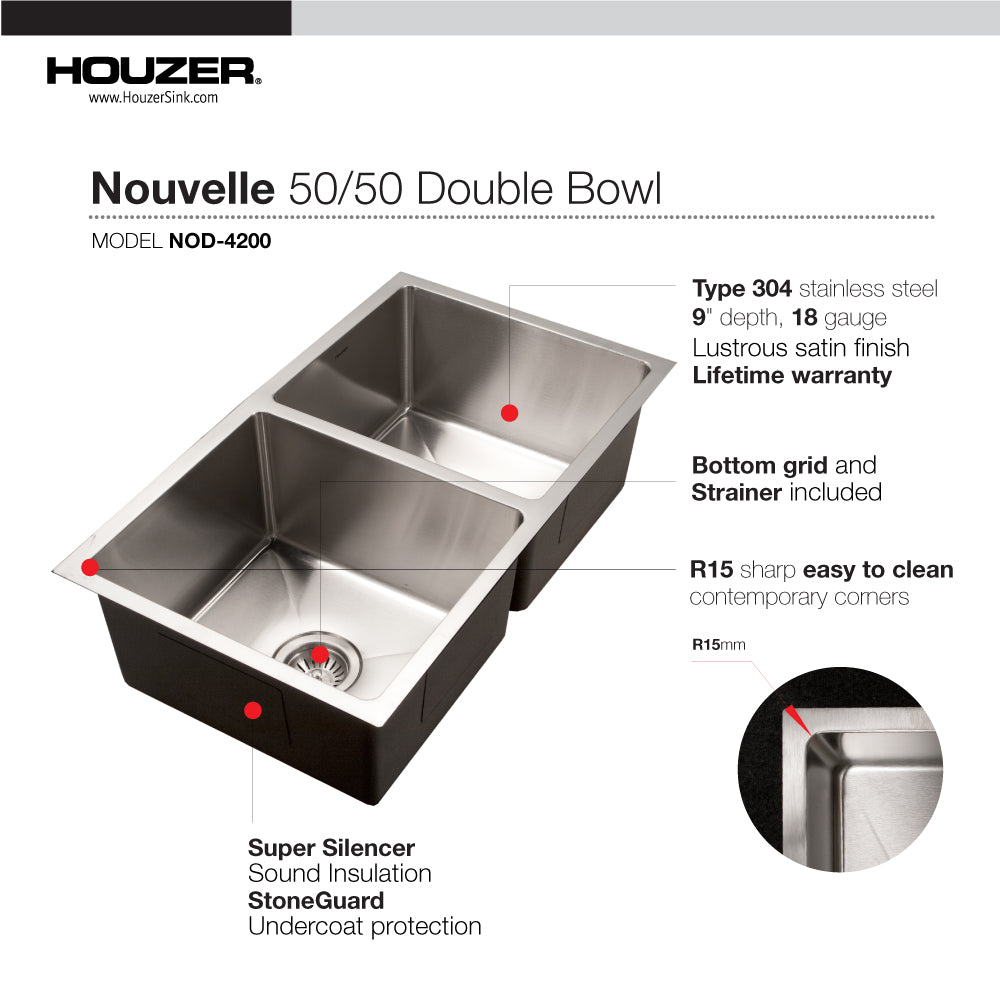 Alternate Image for Houzer Nouvelle 31 inch Stainless Steel Undermount 50/50 Double Bowl Kitchen Sink with Strainer & Grid - 18 Gauge, NOD-4200-1