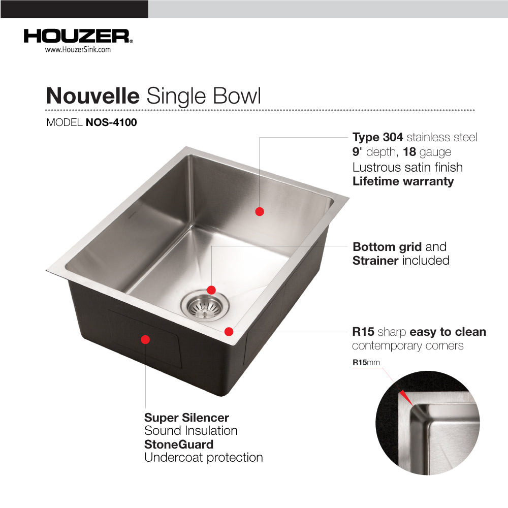 Alternate Image for Houzer Nouvelle 23 inch Stainless Steel Undermount Single Bowl Kitchen Sink with Strainer & Grid - 18 Gauge, NOS-4100-1