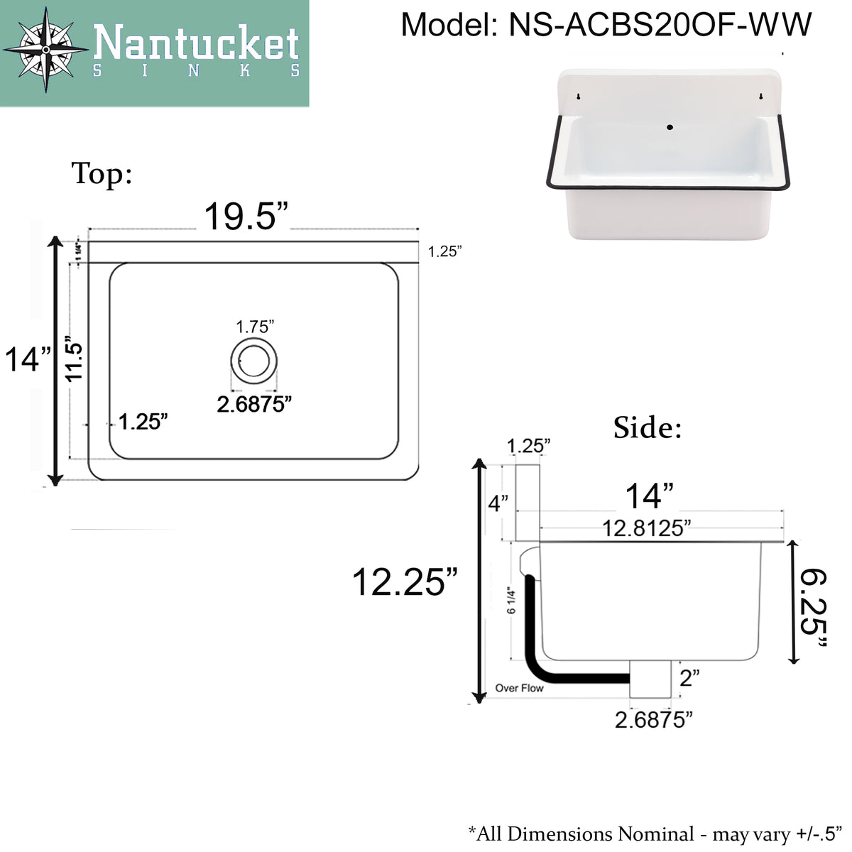 Nantucket Sinks Anchor 19.5" x 14" Irregular Wallmount Iron Bathroom Sink with Accessories, White/White, NS-ACBS20OF-WW
