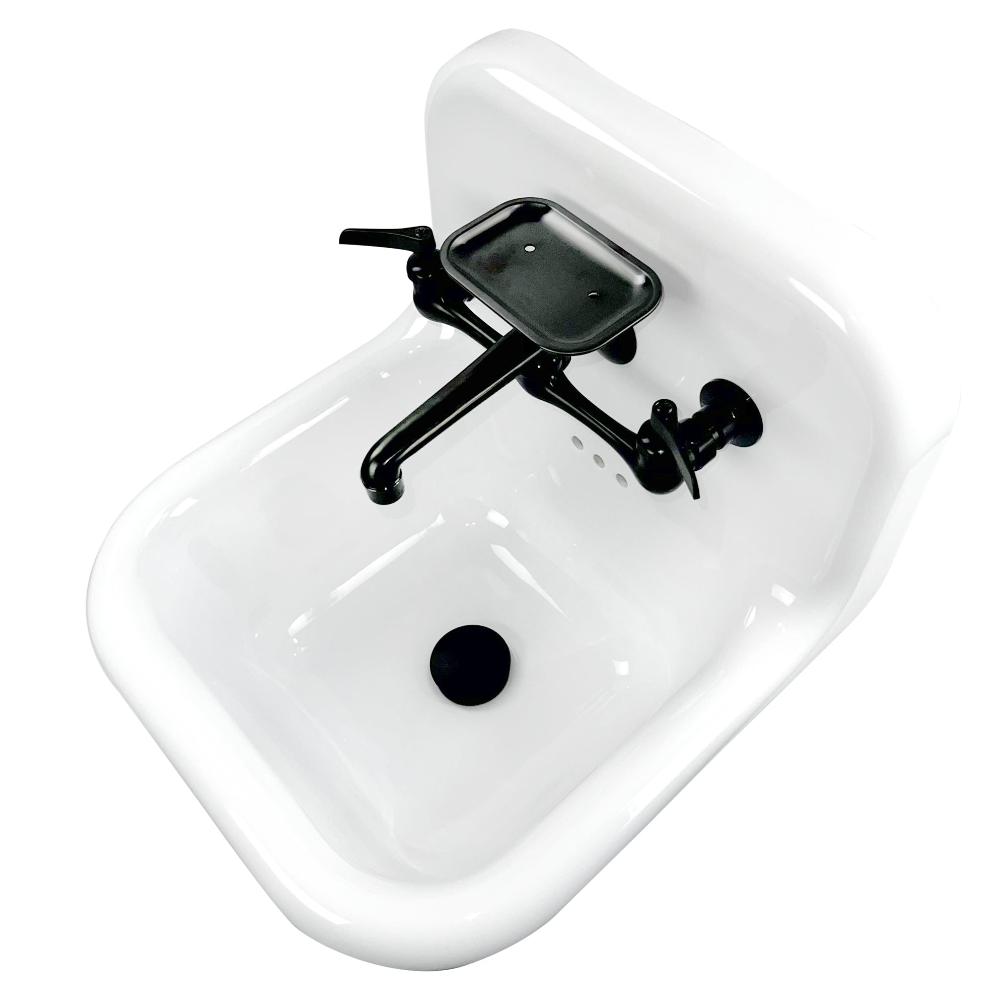 Alternate Image for Nantucket Sinks Victorian 16.5" x 16.5" Irregular Wallmount Fireclay Bathroom Sink with Faucet and Accessories, White/Matte Black, NS-VC16-WW-MBFCT
