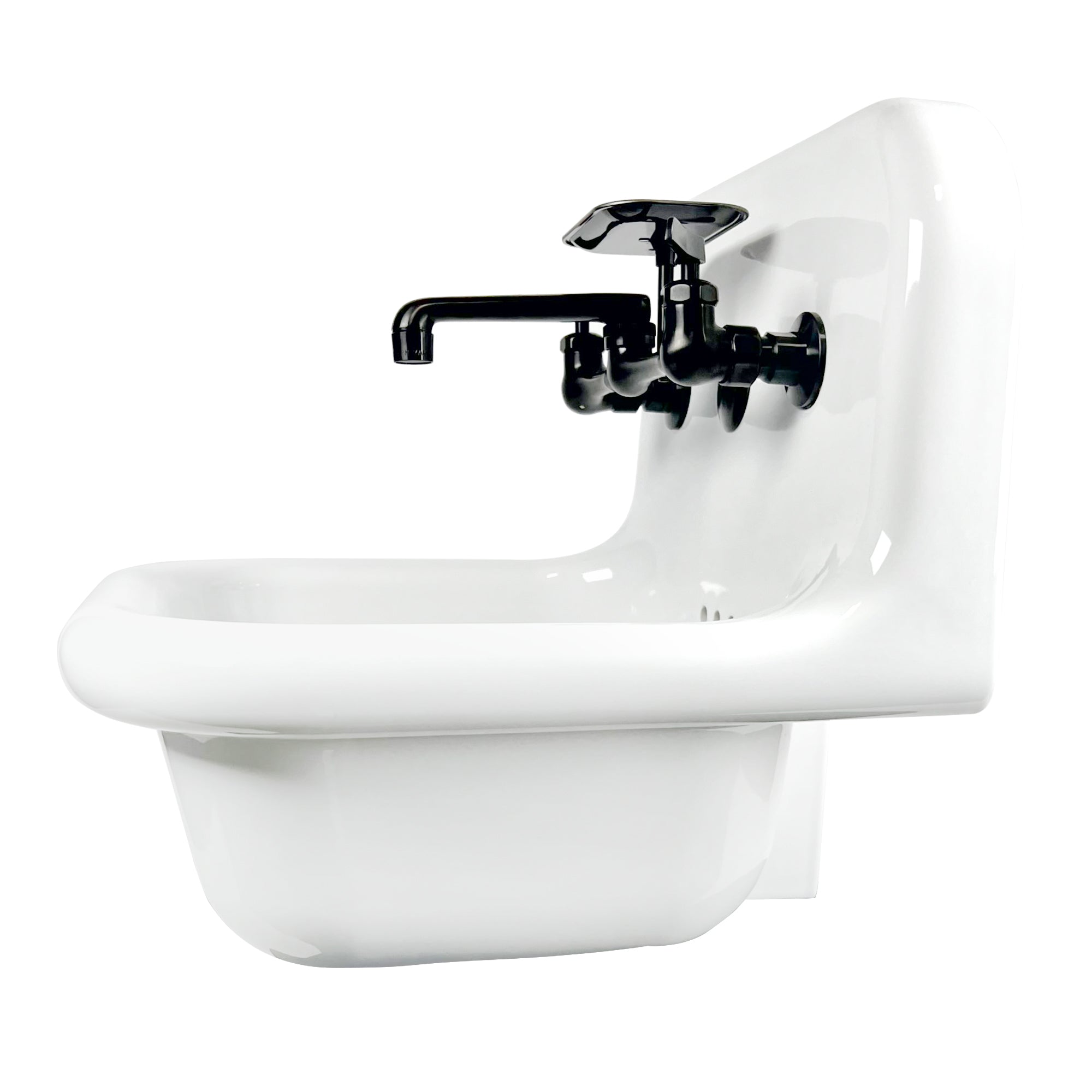 Alternate Image for Nantucket Sinks Victorian 16.5" x 16.5" Irregular Wallmount Fireclay Bathroom Sink with Faucet and Accessories, White/Matte Black, NS-VC16-WW-MBFCT