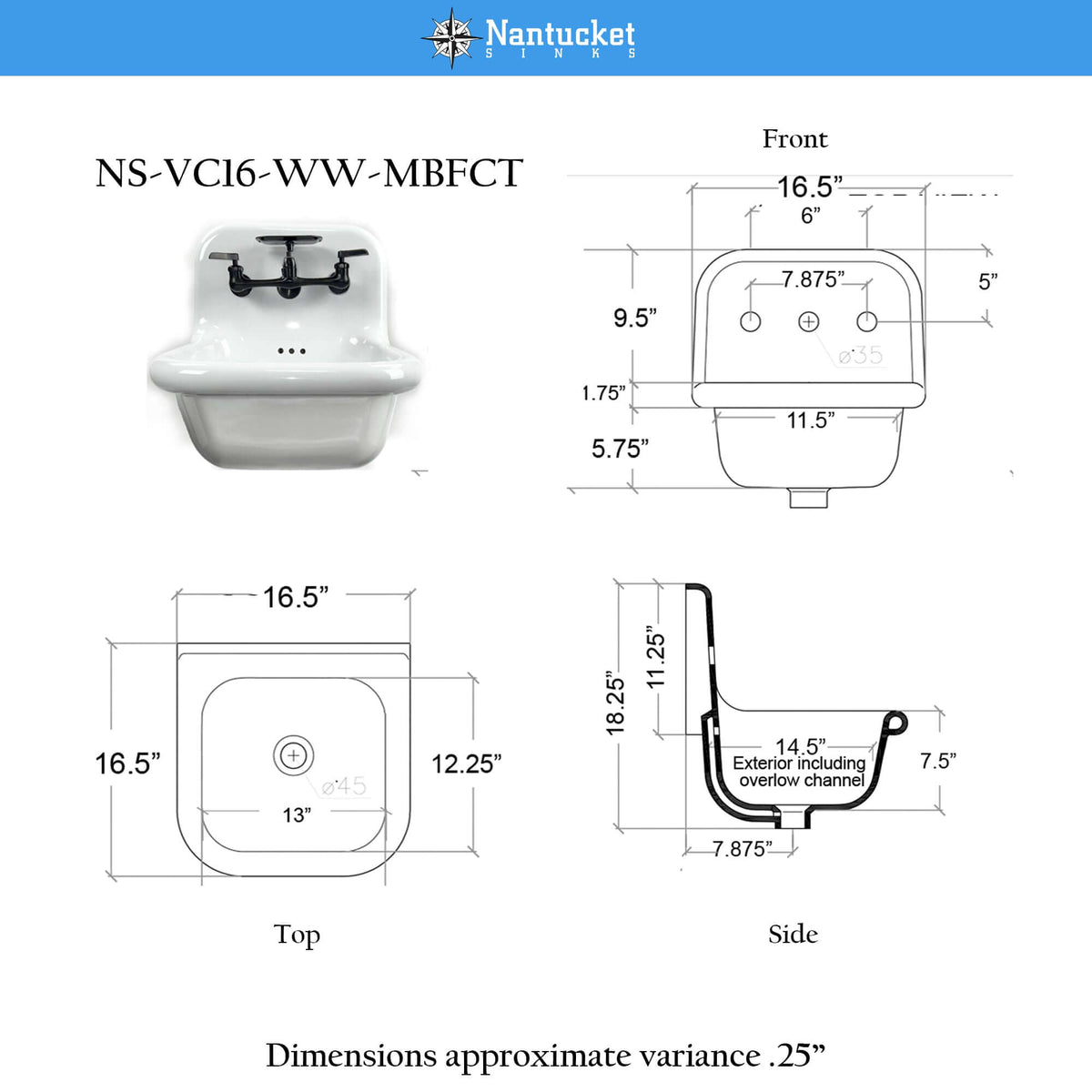 Nantucket Sinks Victorian 16.5" x 16.5" Irregular Wallmount Fireclay Bathroom Sink with Faucet and Accessories, White/Matte Black, NS-VC16-WW-MBFCT