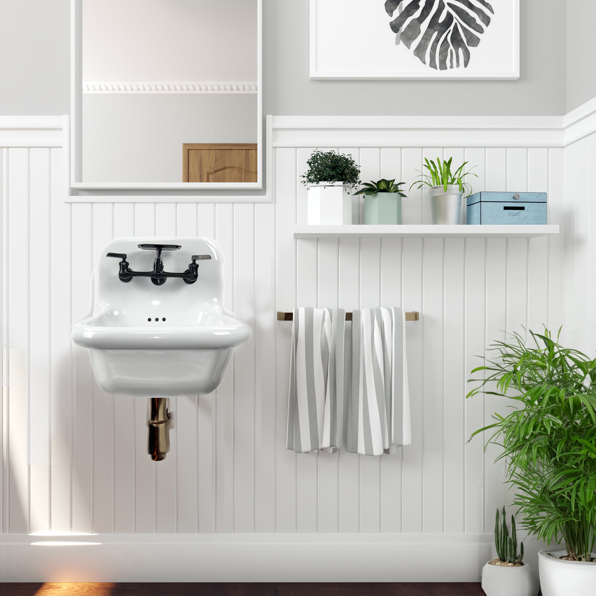 Nantucket Sinks Victorian 16.5" x 16.5" Irregular Wallmount Fireclay Bathroom Sink with Faucet and Accessories, White/Matte Black, NS-VC16-WW-MBFCT