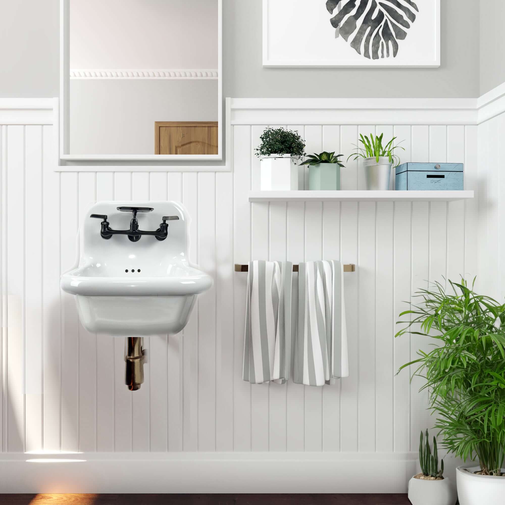 Alternate Image for Nantucket Sinks Victorian 16.5" x 16.5" Irregular Wallmount Fireclay Bathroom Sink with Faucet and Accessories, White/Matte Black, NS-VC16-WW-MBFCT