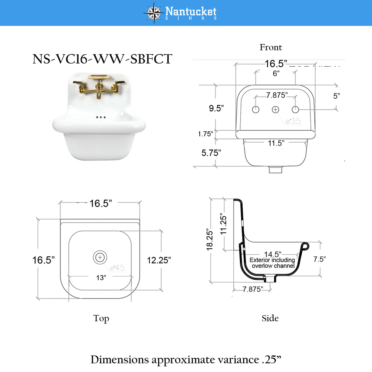 Nantucket Sinks Victorian 16.5" x 16.5" Irregular Wallmount Fireclay Bathroom Sink with Faucet and Accessories, White/Satin Brushed Brass, NS-VC16-WW-SBFCT