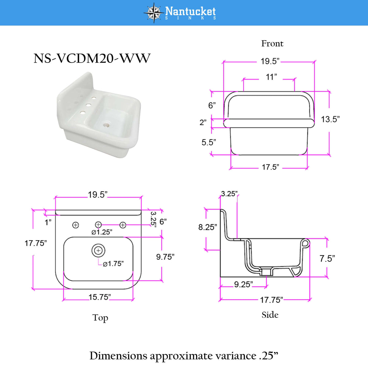 Nantucket Sinks Victorian 19.5" x 17.75" Irregular Wallmount Fireclay Bathroom Sink with Accessories, White/White, NS-VCDM20-WW