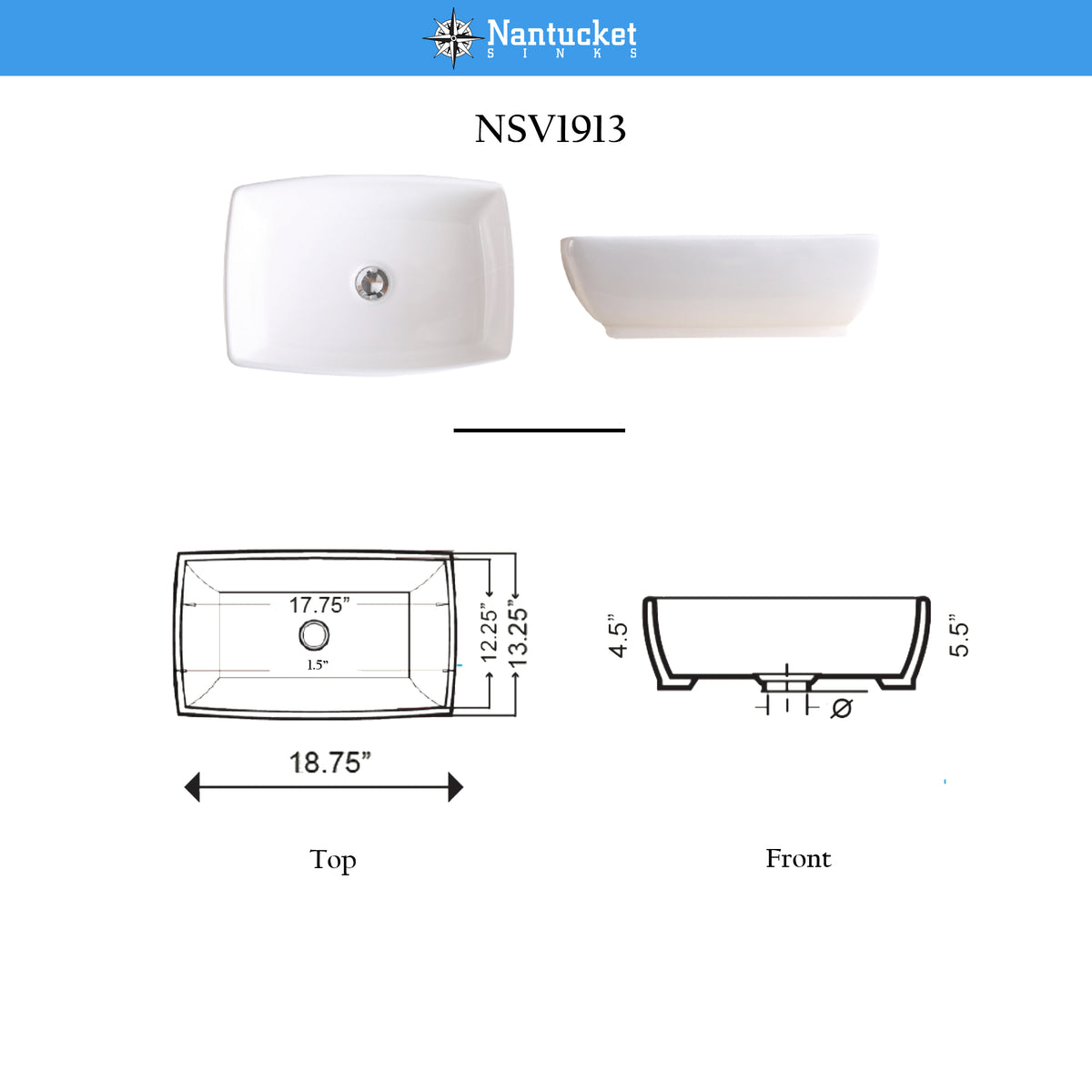 Nantucket Sinks Brant Point 18.75" x 13.25" x 5.5" Rectangular Ceramic - Vitreous China Bathroom Vessel Sink, White, NSV1913
