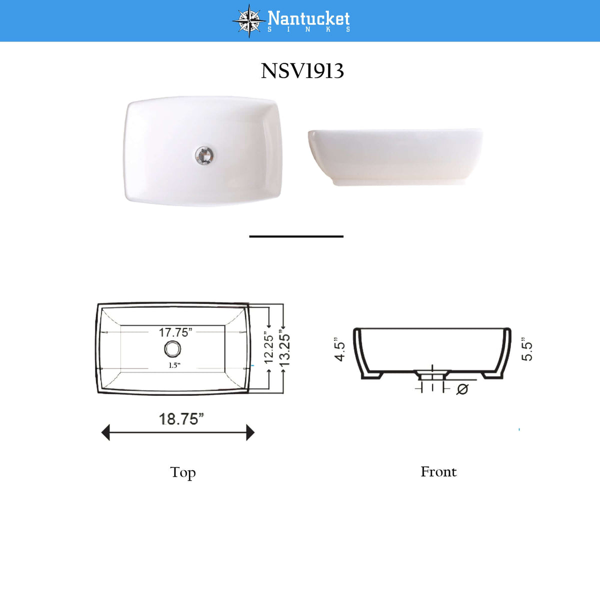 Nantucket Sinks Brant Point 18.75" x 13.25" x 5.5" Rectangular Ceramic - Vitreous China Bathroom Vessel Sink, White, NSV1913