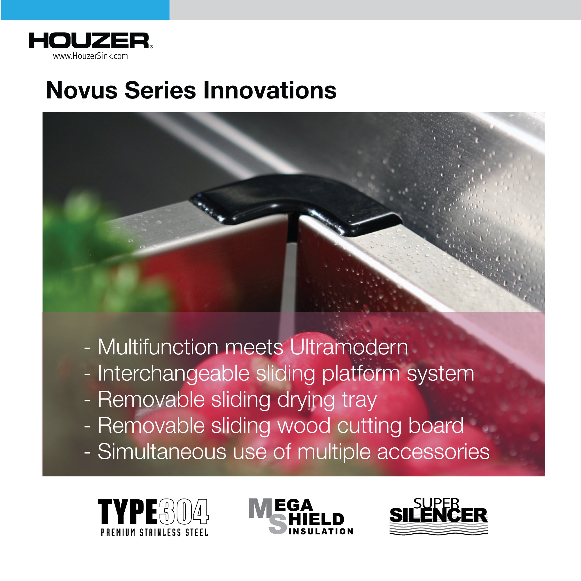 Alternate Image for Houzer 30 inch Novus Stainless Steel Undermount Single Bowl Workstation Kitchen Sink with Accessories - NVS-16-3600, 16 Gauge, NVS-16-3000