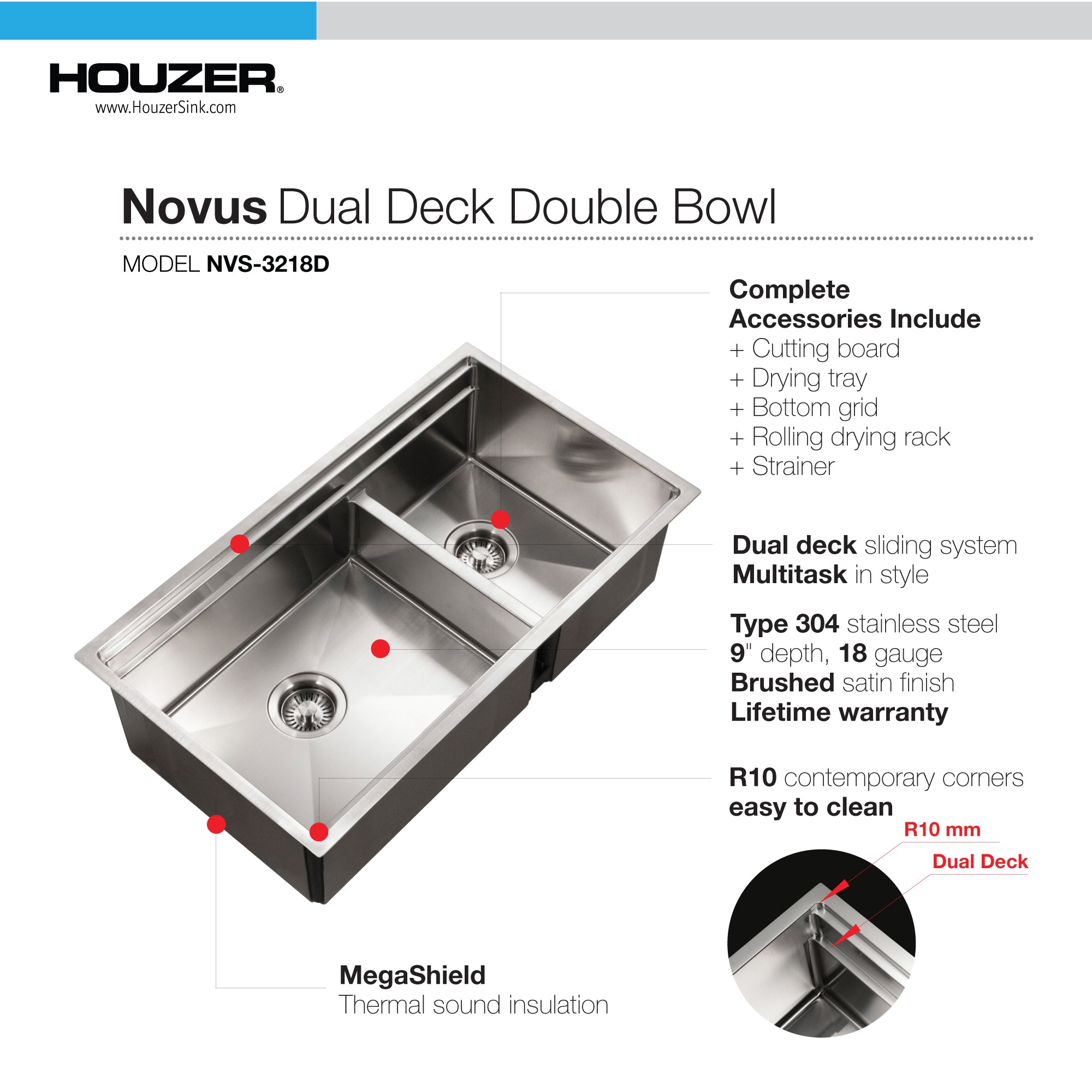 Alternate Image for Houzer 32 inch Novus Stainless Steel Undermount Dual Platform 60/40 Double Bowl Workstation Kitchen Sink with Accessories - 18 Gauge, NVS-3218D