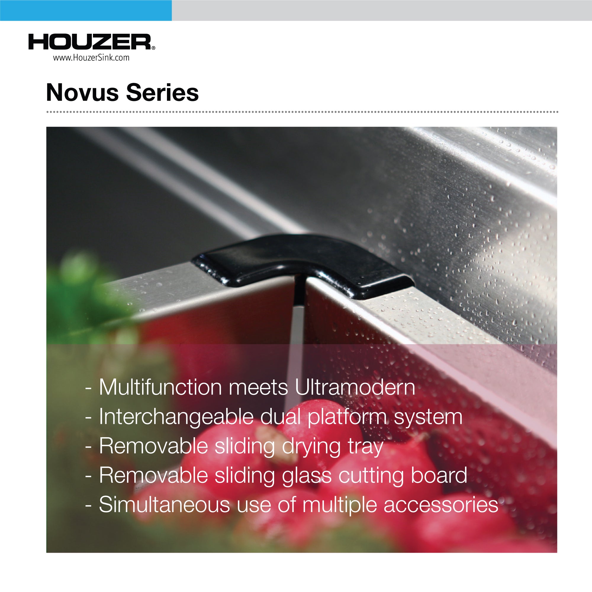 Alternate Image for Houzer 32 inch Novus Stainless Steel Undermount Dual Platform 60/40 Double Bowl Workstation Kitchen Sink with Accessories - 18 Gauge, NVS-3218D