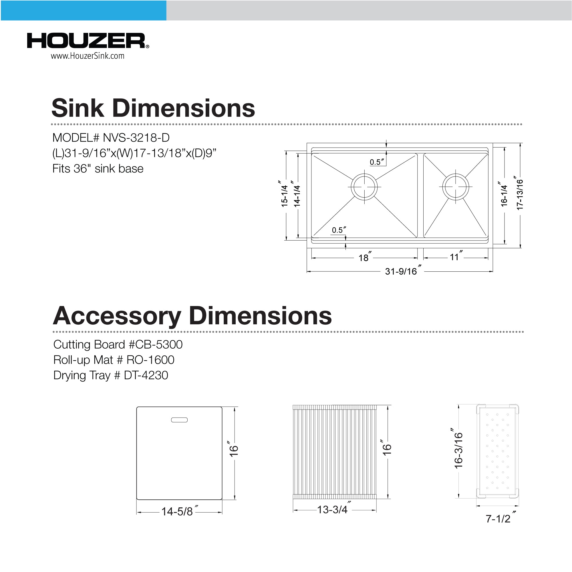 Alternate Image for Houzer 32 inch Novus Stainless Steel Undermount Dual Platform 60/40 Double Bowl Workstation Kitchen Sink with Accessories - 18 Gauge, NVS-3218D