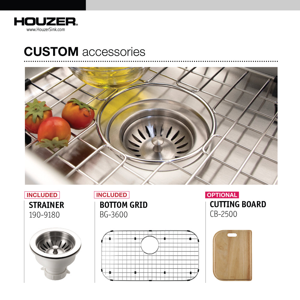 Alternate Image for Houzer Premier 33 inch Stainless Steel Drop-in Topmount 1-hole Single Bowl Kitchen Sink with Strainer & Grid - 18 Gauge, PGS-3122-1-C