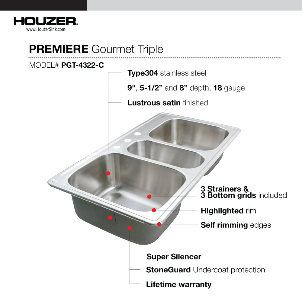 Alternate Image for Houzer Premier 41 inch Stainless Steel Drop-in Topmount 4-hole Triple Bowl Kitchen Sink with Strainer & Grids - 18 Gauge, PGT-4322-C
