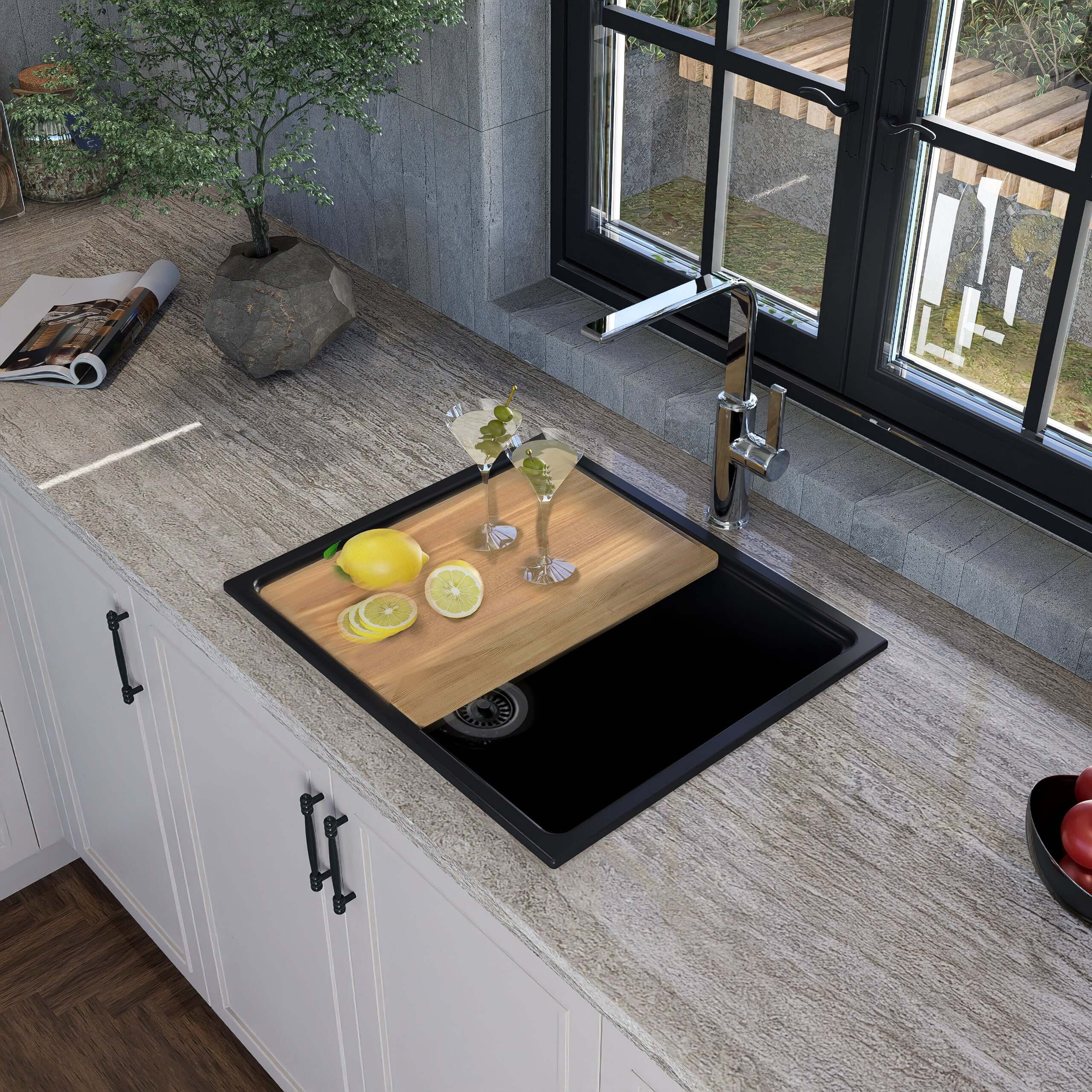 Fregadero de cocina Nantucket Sinks Rockport de 22" con doble montaje, de granito compuesto y accesorios, color negro, PR2219PS-BL