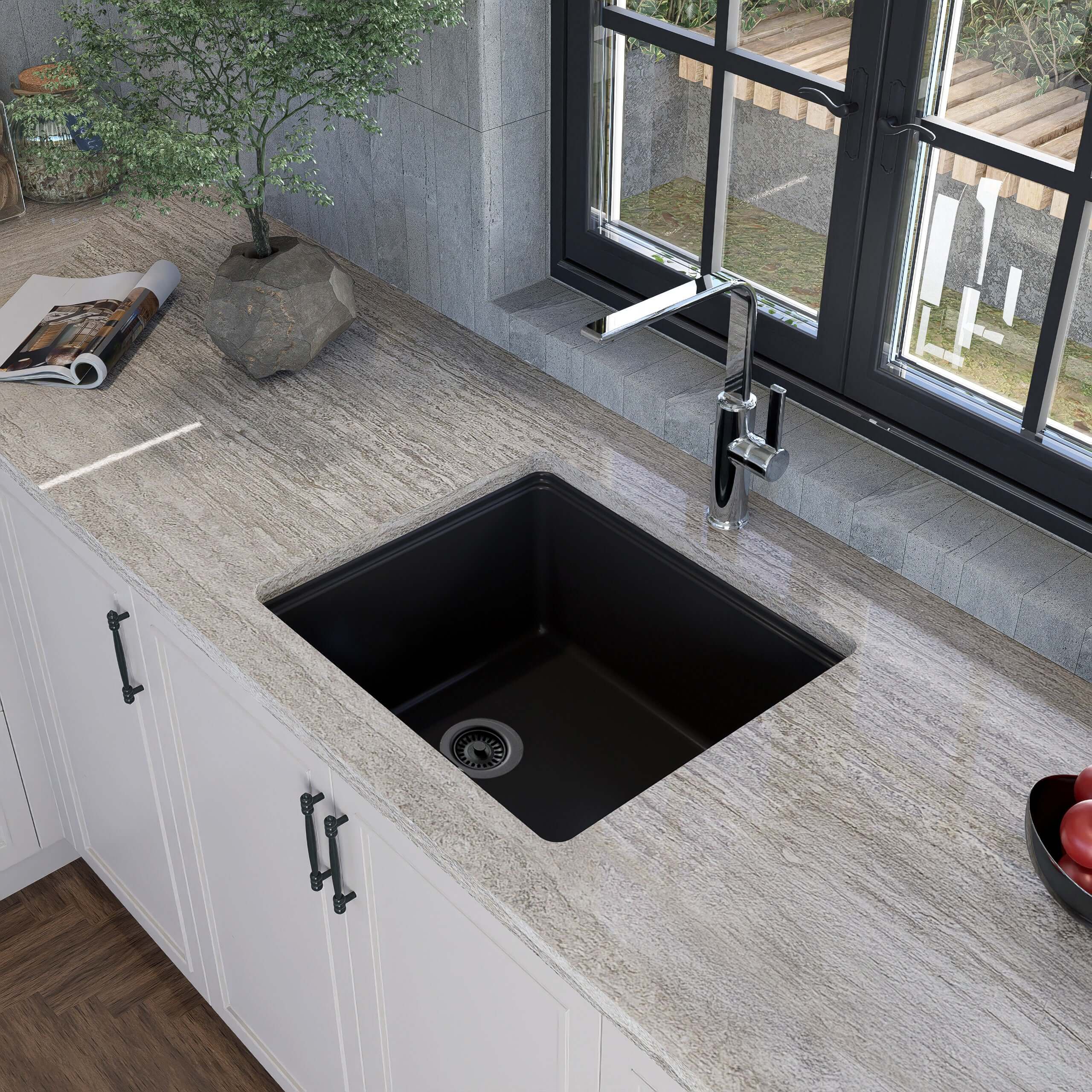 Fregadero de cocina Nantucket Sinks Rockport de 22" con doble montaje, de granito compuesto y accesorios, color negro, PR2219PS-BL
