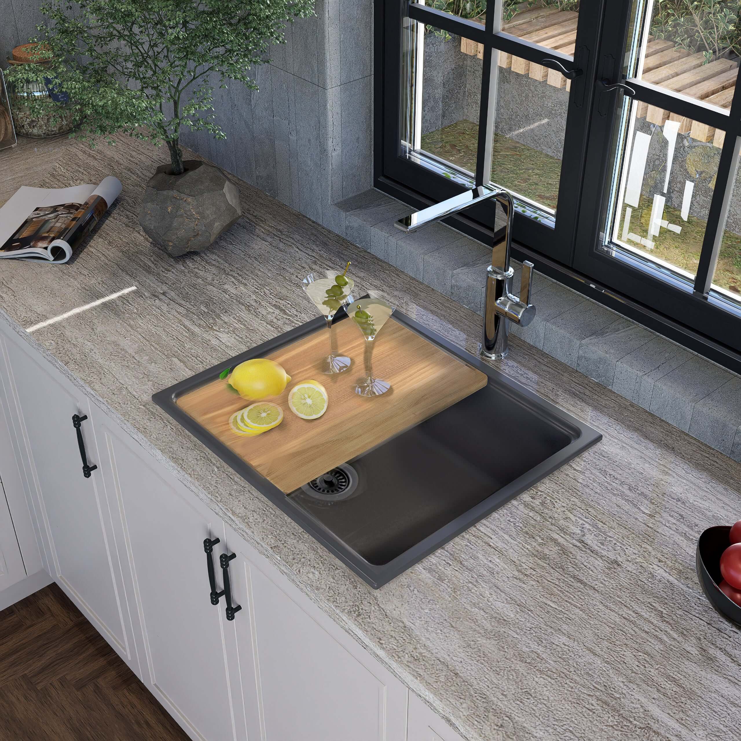 Nantucket sinks rockport 22 dual mount granite composite workstation kitchen sink with accessories titanium lifestyle image